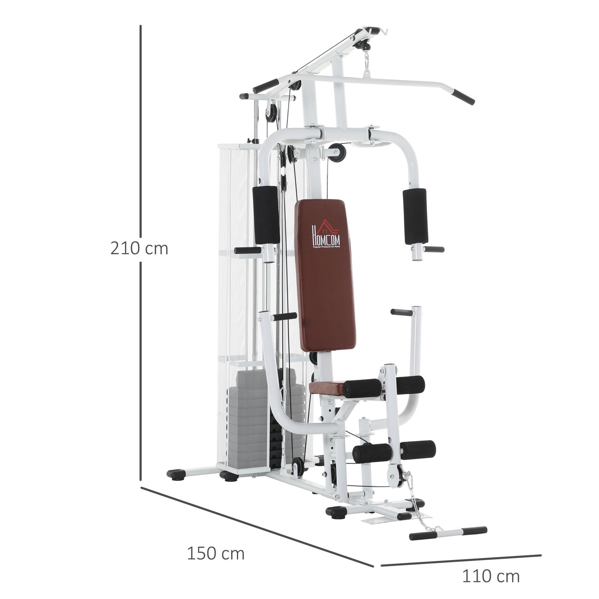 Voir la diapositive 3 : HOMCOM Station de musculation - entrainement complet - développé couché, butterfly, barre latissimus, curler, bande résistance - 10 contrepoids - acier blanc