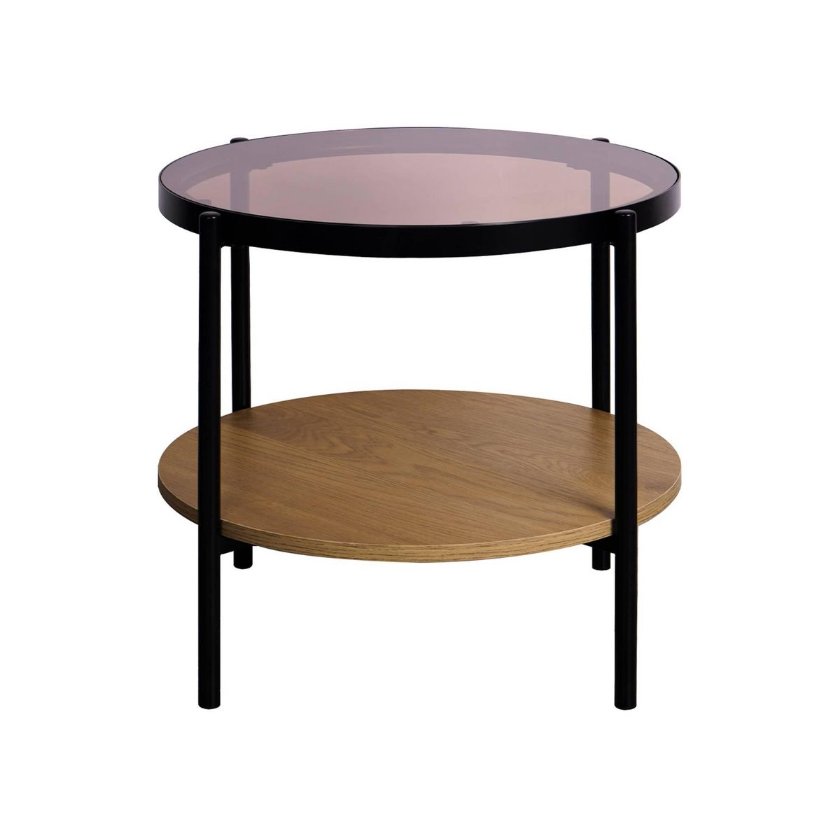 SWEEEK Table basse / d'appoint ronde 52 x 52 cm effet bois et métal noir. 2 plateaux dont un en verre trempé