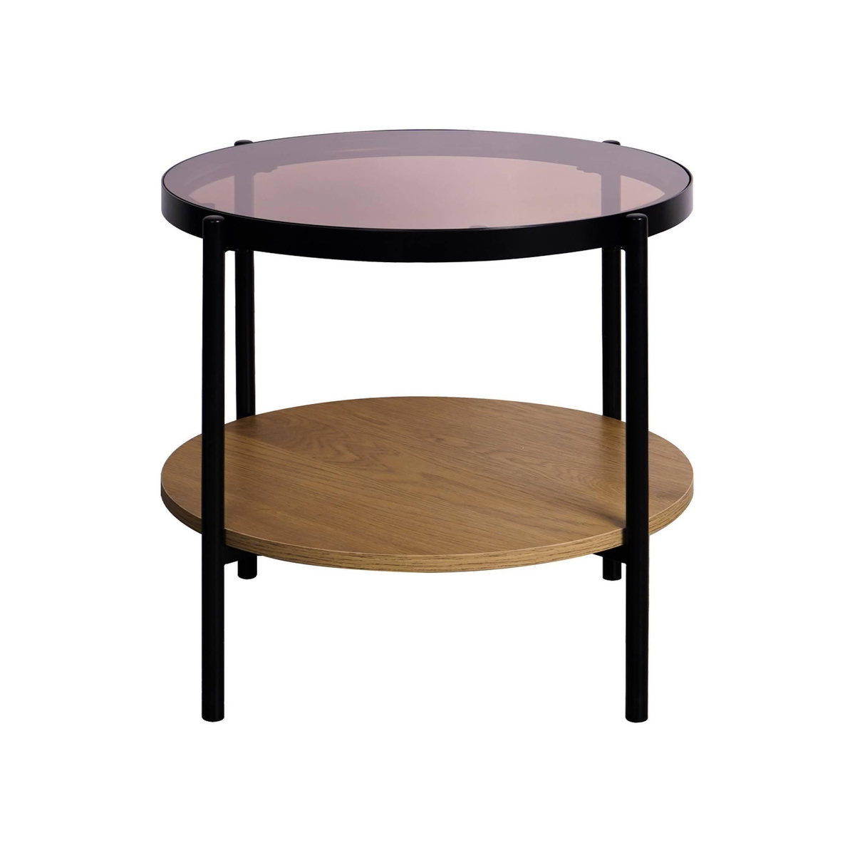 SWEEEK Table basse / d'appoint ronde 52 x 52 cm effet bois et métal noir. 2 plateaux dont un en verre trempé