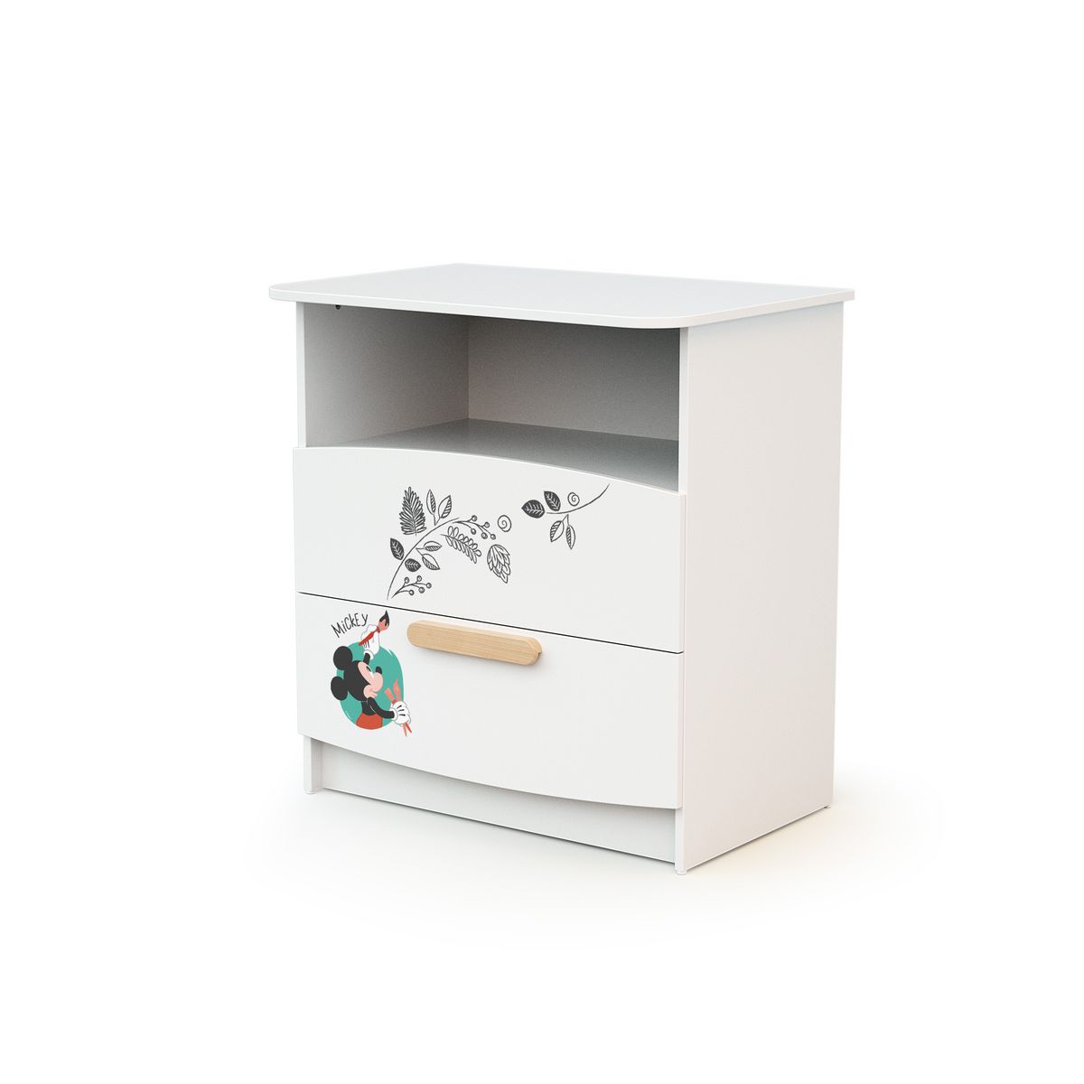 AT4 Ensemble lit bébé 60x120 cm et commode à langer 2 tiroirs MICKEY DISNEY Blanc et Hêtre