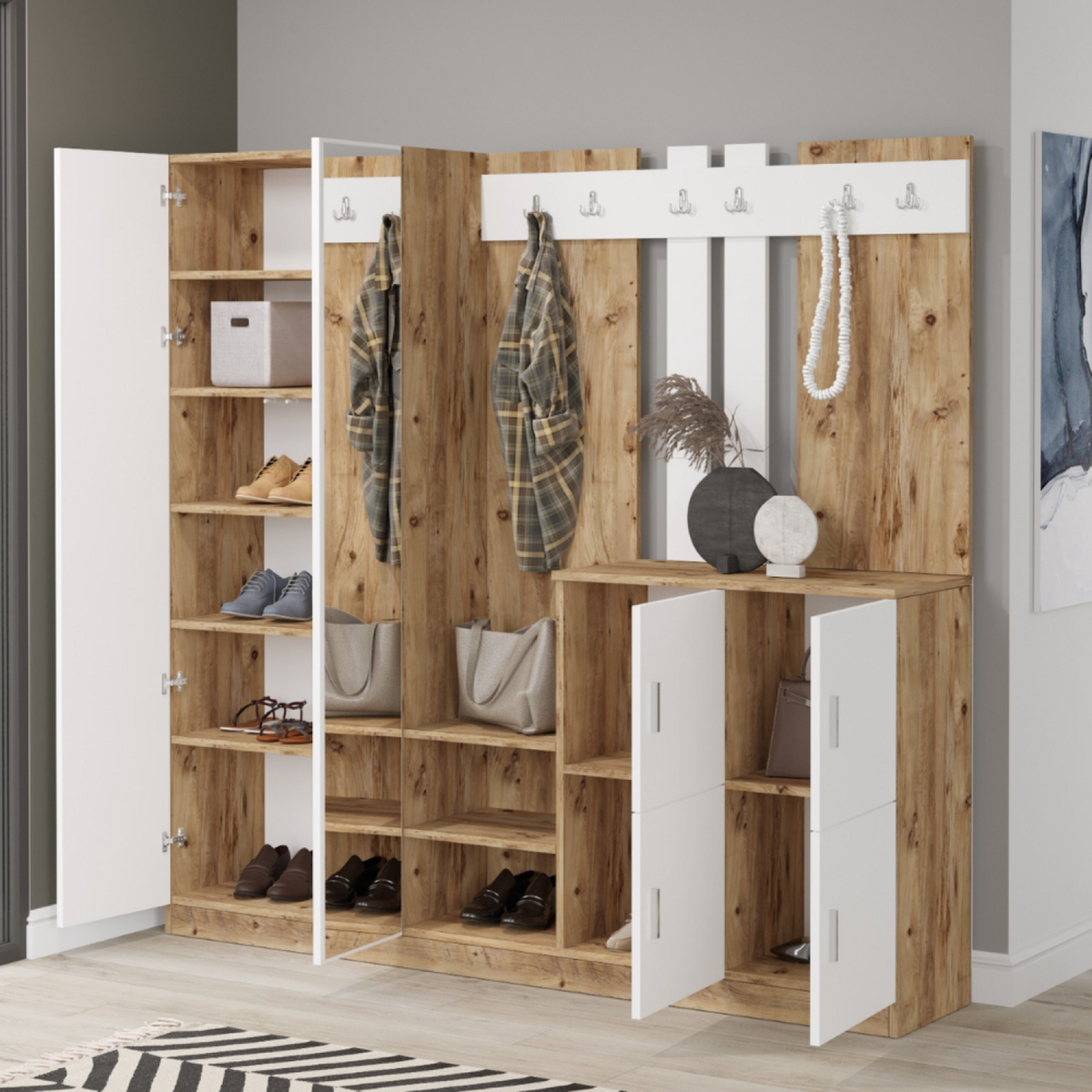 CONCEPT USINE Meuble d'entrée avec miroir bois et blanc ANKA