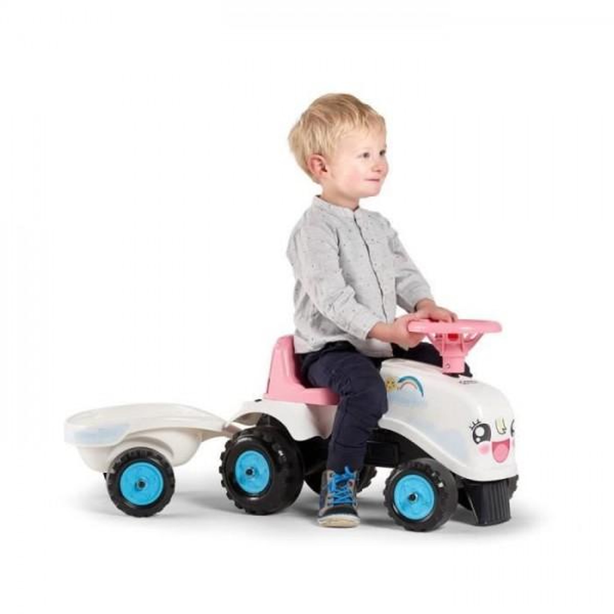 Voir la diapositive 5 : FALK Porteur Trotteur  Tracteur Rainbow Farm avec remorque - FALK - Pour filles des 1 an - Formes rondes et couleurs pastels