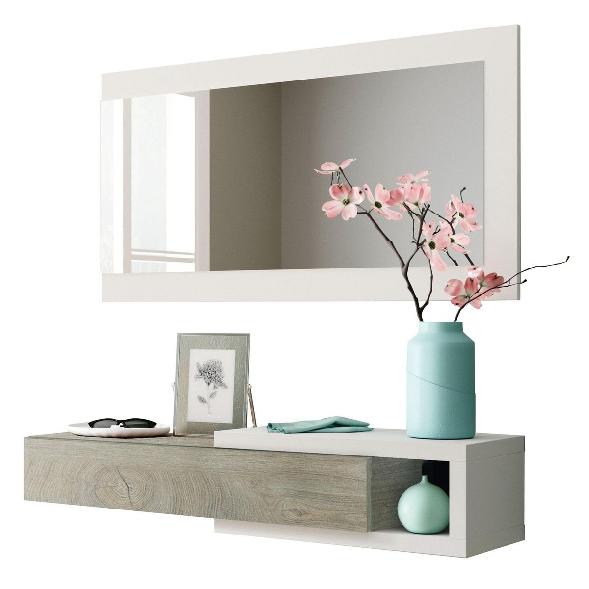 VS VENTA-STOCK Meuble d'entrée Moon avec 1 tiroir et Miroir, Chêne/Blanc, Meuble, 95 cm Largeur
