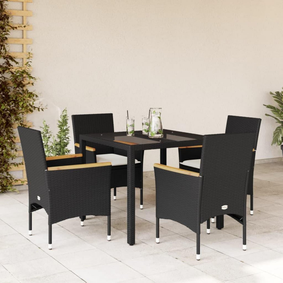 VIDAXL Ensemble a manger de jardin et coussins 5 pcs noir rotin verre