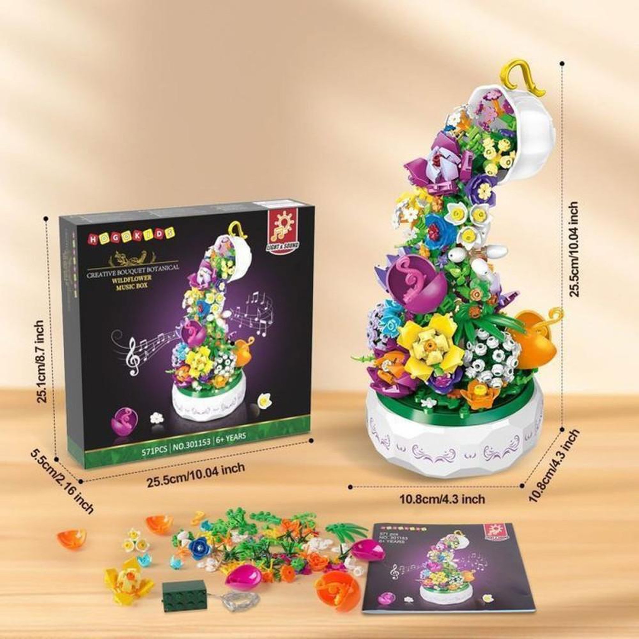Voir la diapositive 5 : Coffret boîte à musique à assembler bouquet botanique LED 571 pièces fleurs multicolores