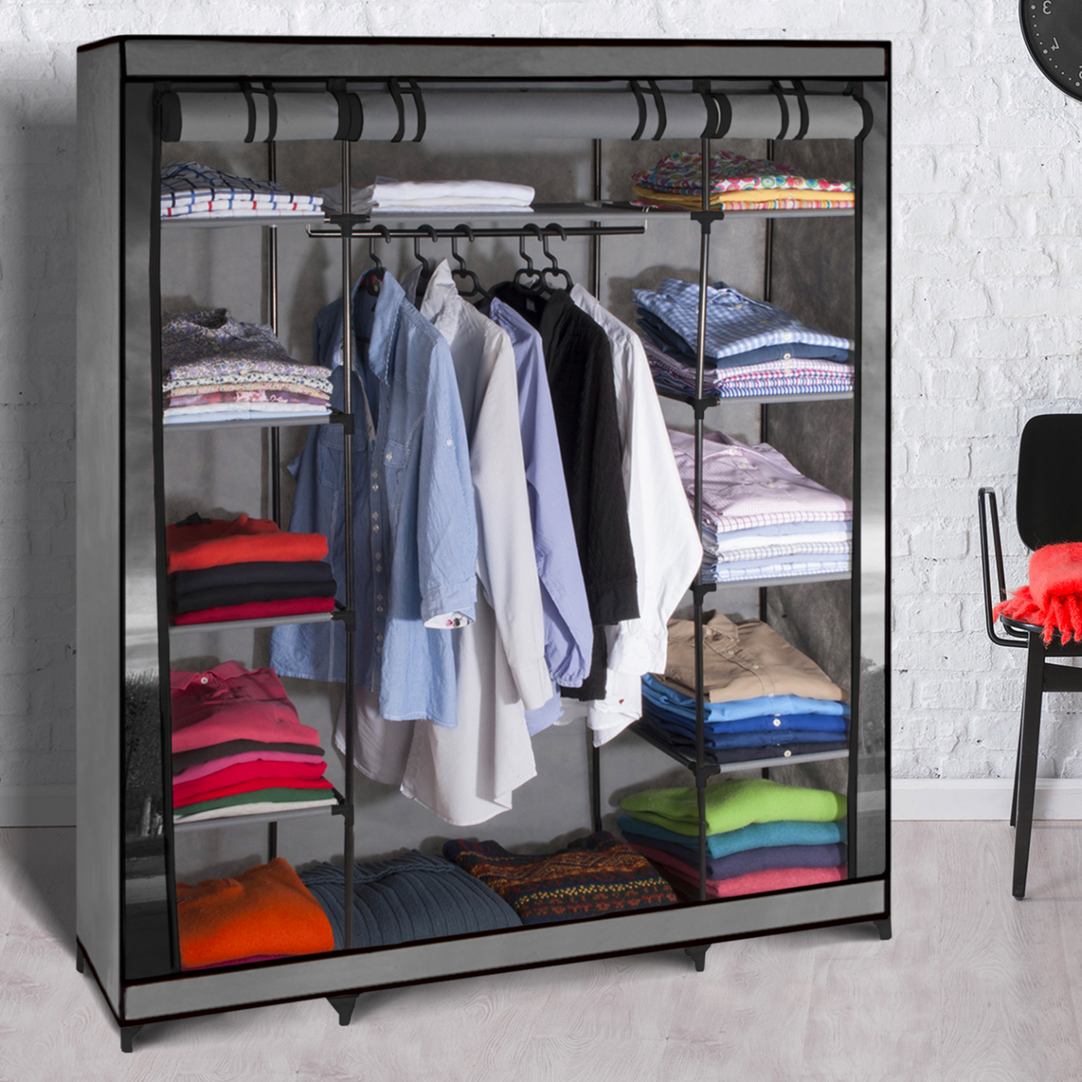 ID MARKET Armoire de rangement penderie pliable vêtements en tissu PARIS dressing XXL