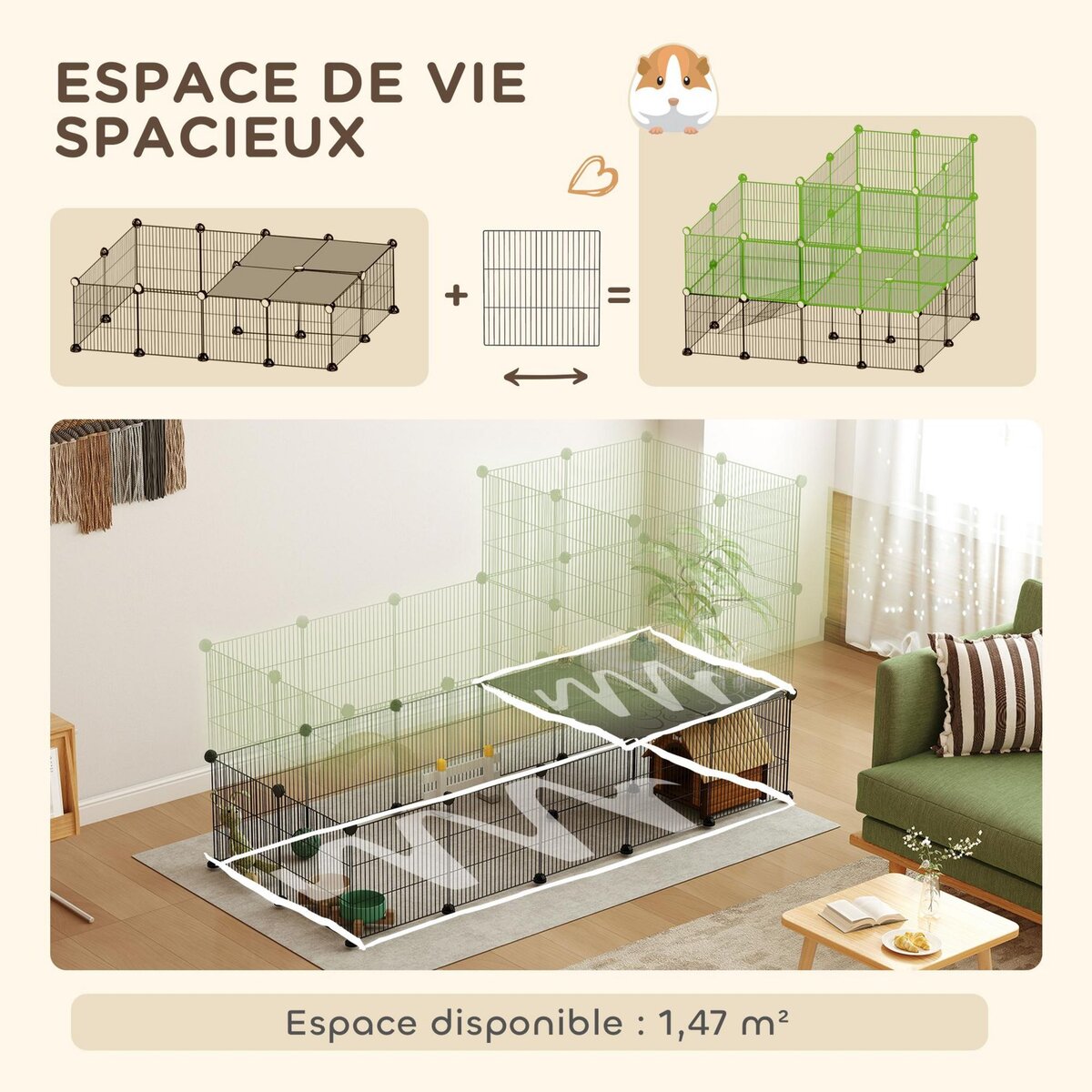 PAWHUT Cage parc enclos modulable rongeurs 2 niveaux 39 panneaux fil métallique PP noir