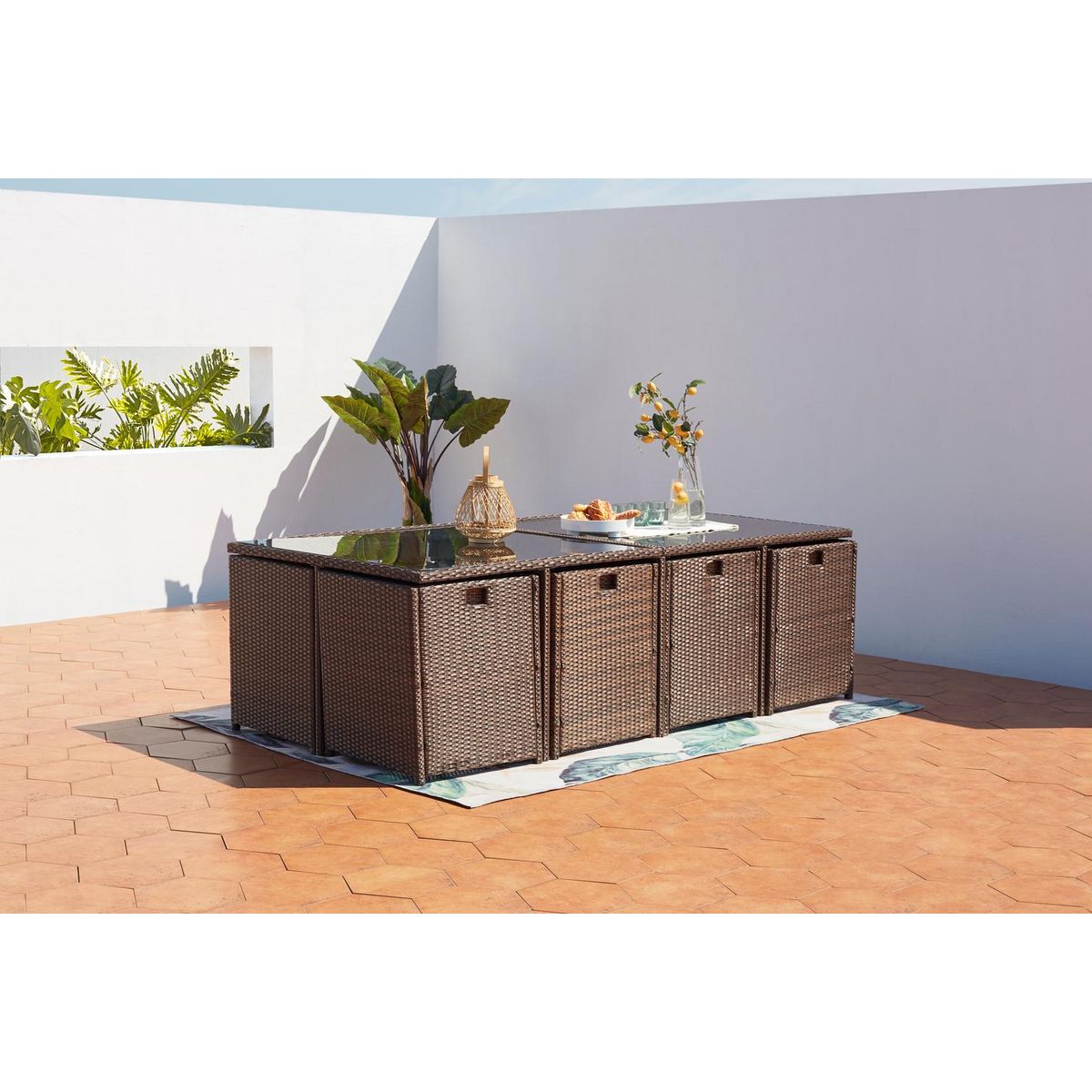 CONCEPT USINE Table et chaises 12 places encastrables résine marron-blanc MIAMI