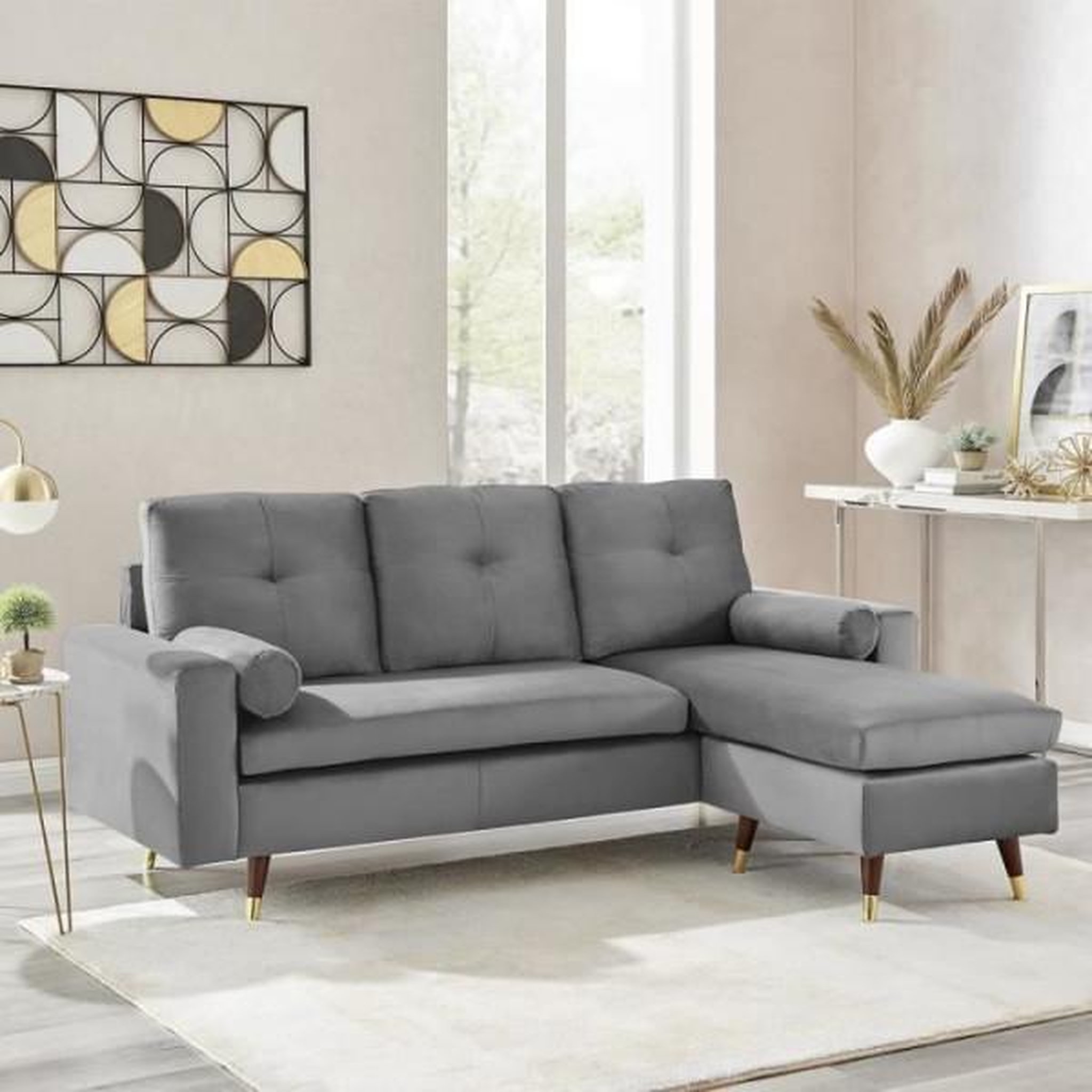 Voir la diapositive 2 : MARKET24 Canapé d'angle fixe réversible - Tissu gris - L 194 x P 139 x H 83 - Pieds bois et doré - NEW YORK