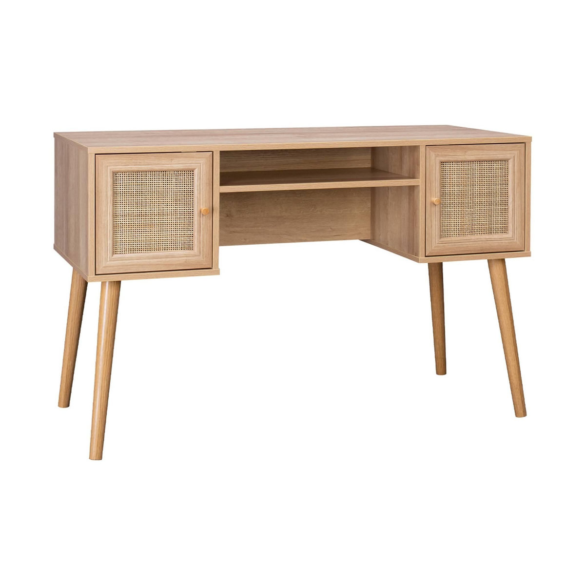 SWEEEK Bureau cannage et décor bois avec 2 portes. 1 casier ouvert. pieds compas