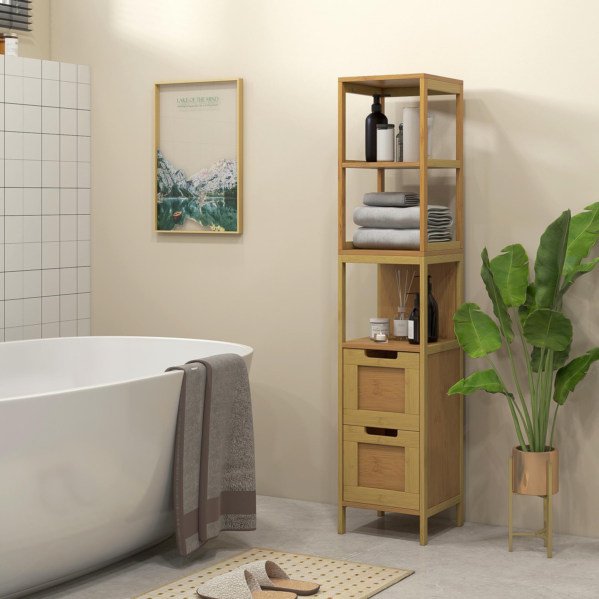 Voir la diapositive 2 : HOMCOM Meuble colonne rangement salle de bain style cosy dim. 30L x 30l x 144H cm 3 étagères 2 tiroirs bambou MDF aspect bois clair