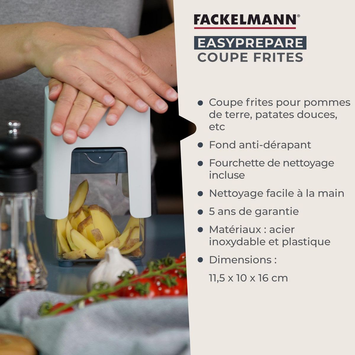 Fackelmann Coupe frites manuel avec récipient et brosse de nettoyage Fackelmann Easy Prepare