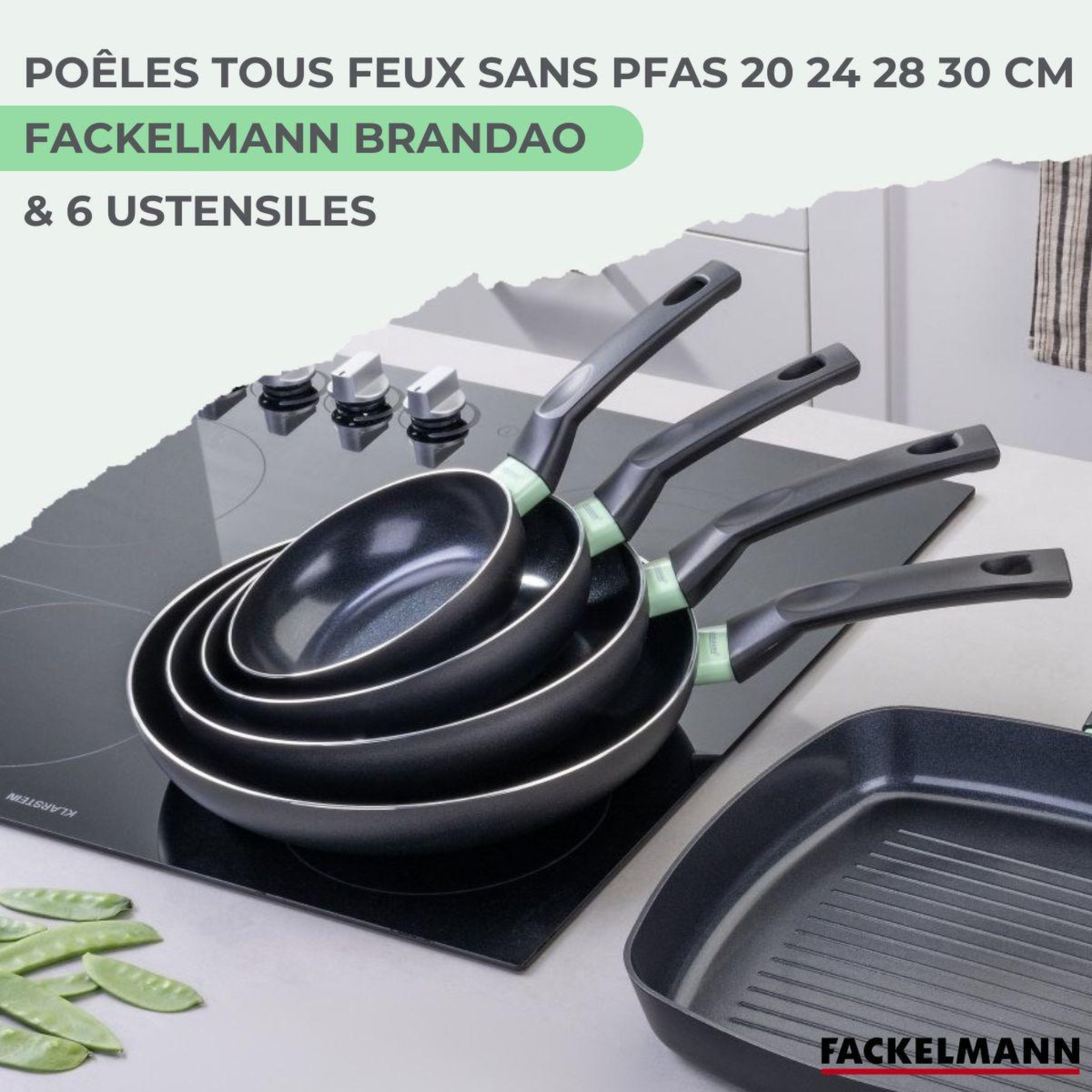 Voir la diapositive 2 : Fackelmann Ensemble de 4 poêles de 20 24 28 et 30 cm et 6 ustensiles fackelmann brandao