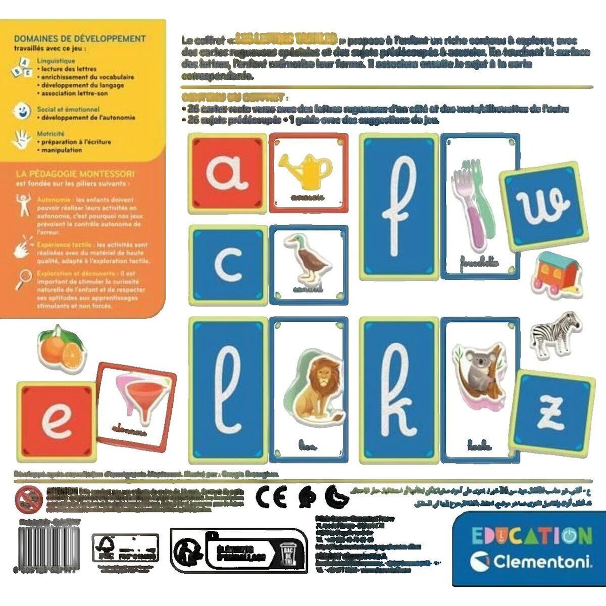 CLEMENTONI Montessori - Clementoni - Les lettres tactiles - Jeu éducatif pour apprendre l'alphabet - 26 cartes lettres rugeuses - Dés 3 a
