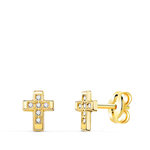 L'ATELIER D'AZUR Boucles d'Oreilles Or 18 Carats 750 Jaune et Zirconiums - Motif Croix