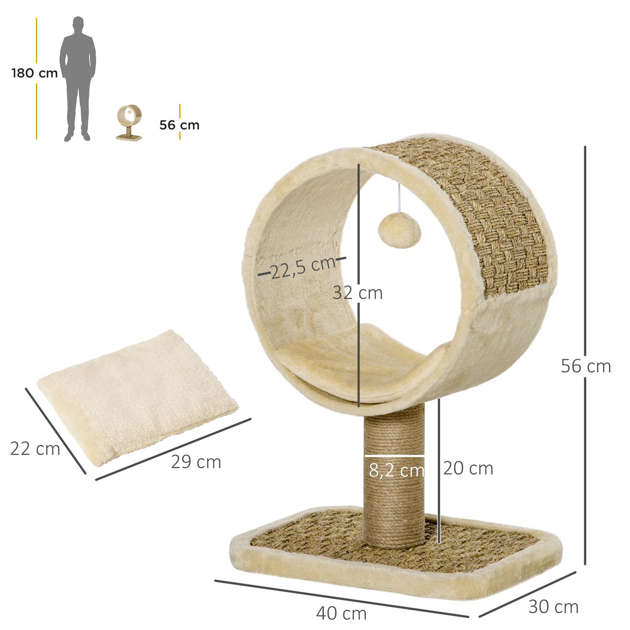 Voir la diapositive 3 : PAWHUT Arbre à chat rond style cosy chic griffoir grattoirs sisal jeu suspendu souris niche avec coussin cordes d'algues tressées peluche courte beige