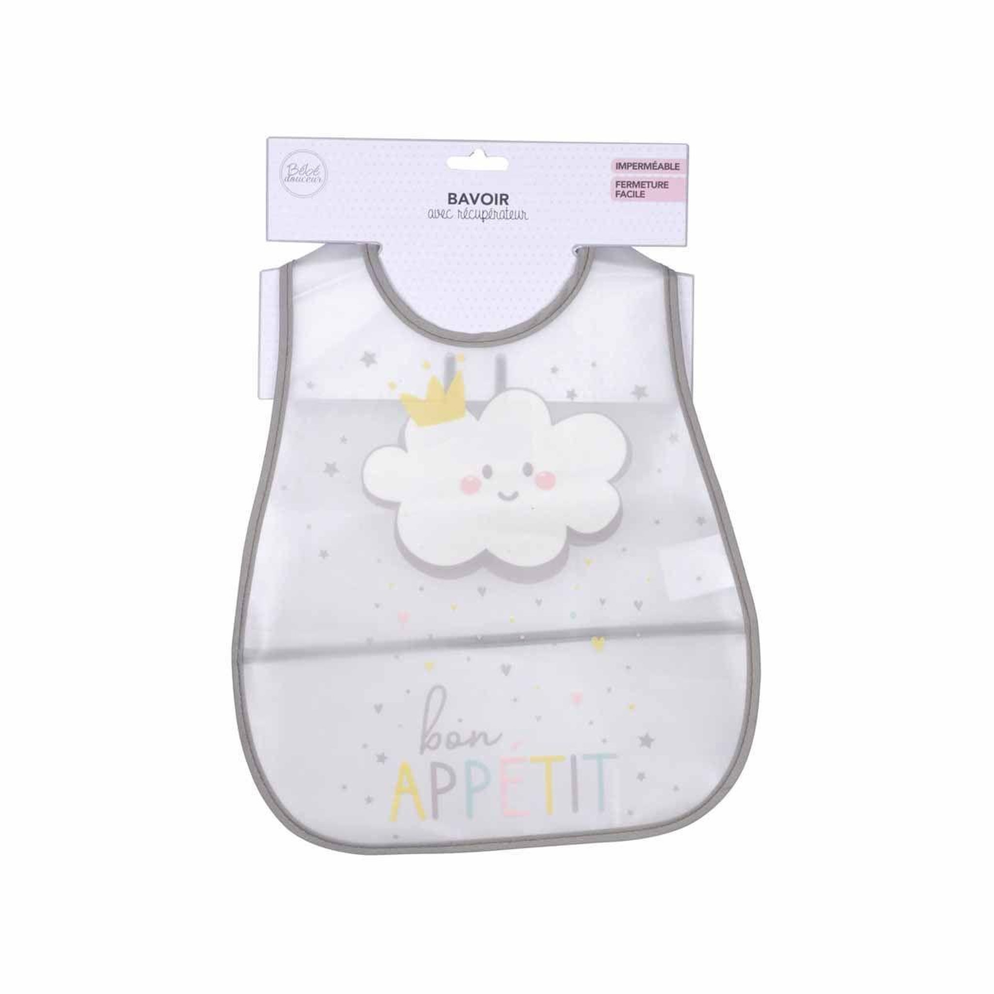 Voir la diapositive 2 : BEBE DOUCEUR Bavoir avec récupérateur  nuage  34cm gris