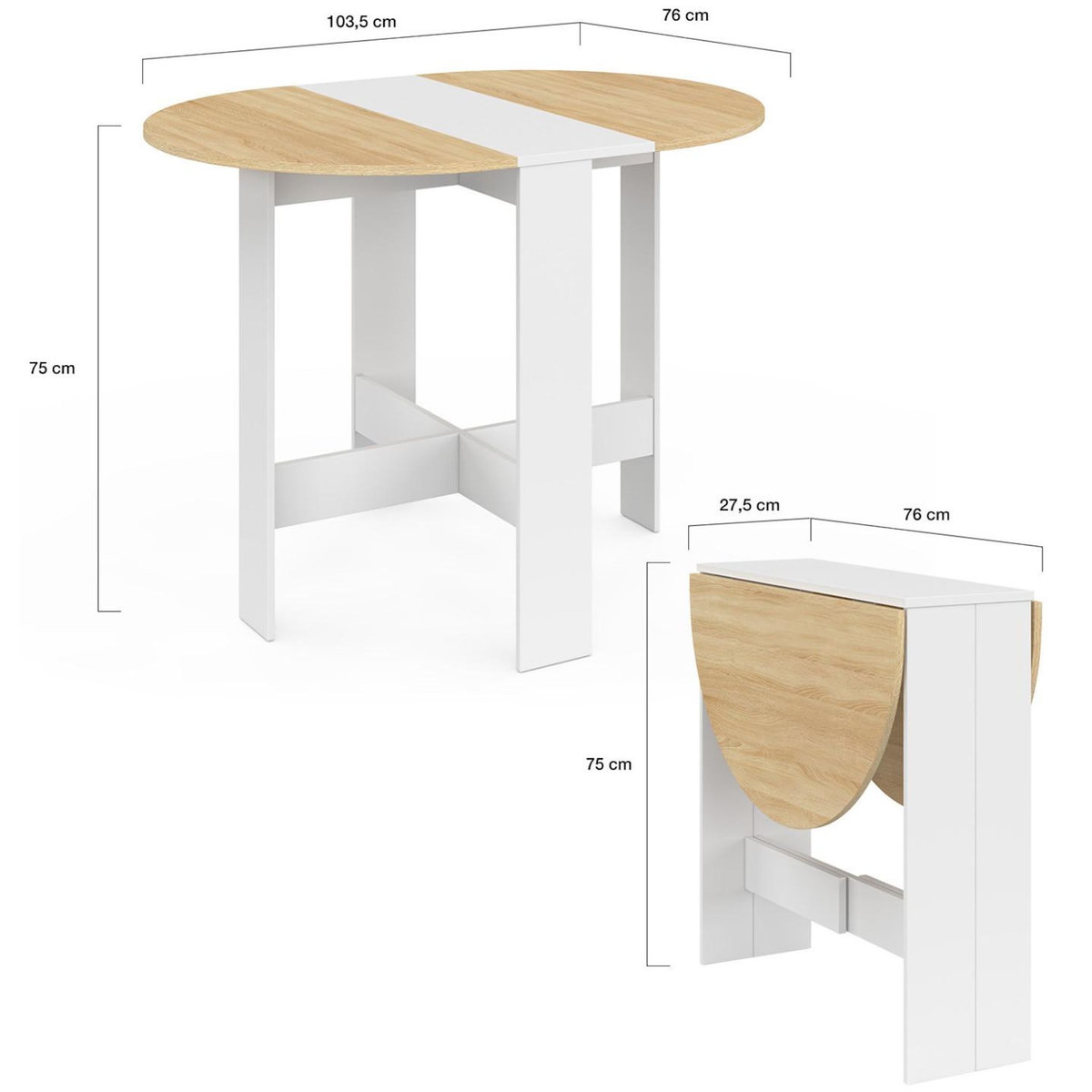 ID MARKET Table console pliable ronde EDI 2-4 personnes bois blanc plateau façon hêtre 103 x 76 cm