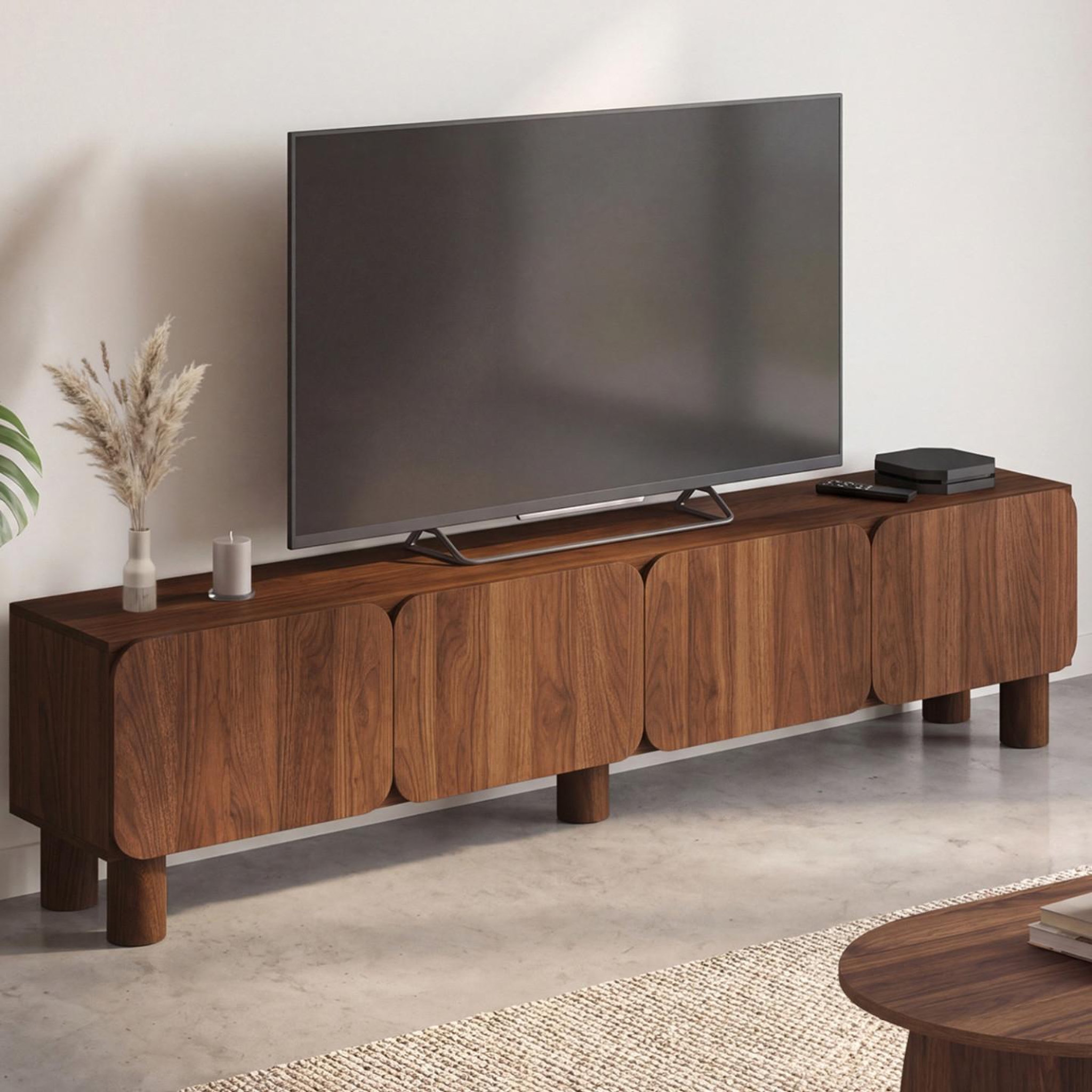Voir la diapositive 2 : ID MARKET Meuble tv 180 cm saranda 4 portes arrondies bois effet noyer