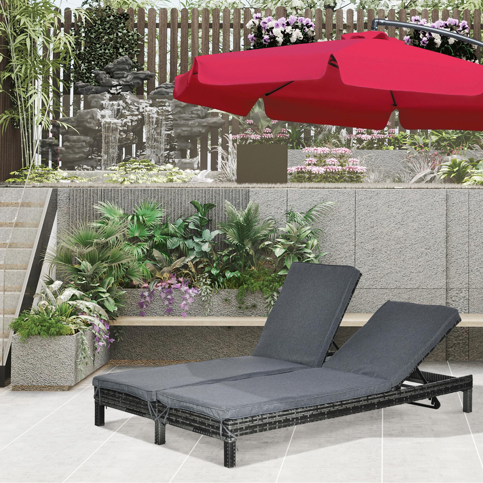 Voir la diapositive 2 : OUTSUNNY Bain de soleil transat 2 places - grand confort - dossier inclinable multi-positions - matelas fournis - résine tressée gris