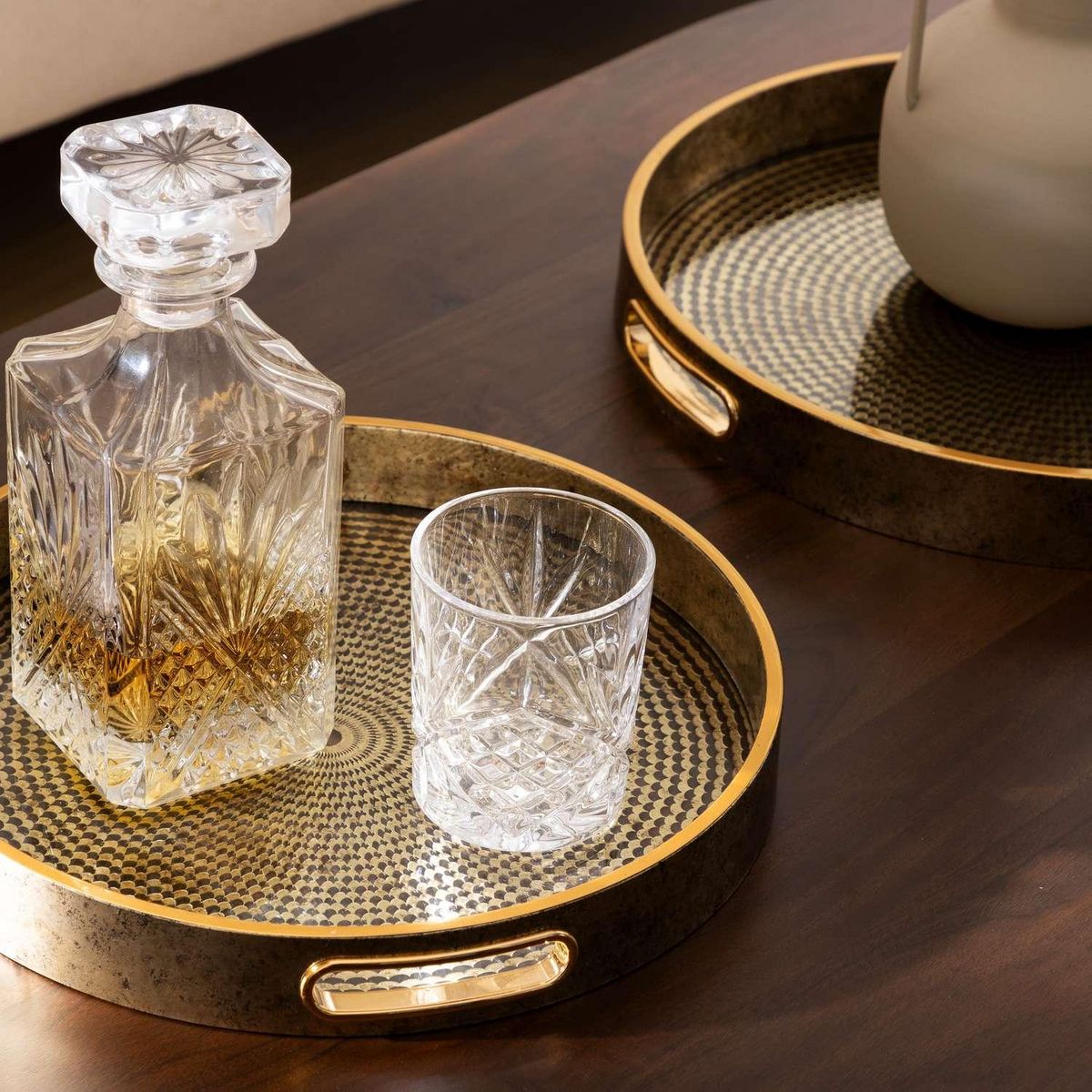 ATMOSPHERA Lot de 2 plateaux en verre et résine - Doré