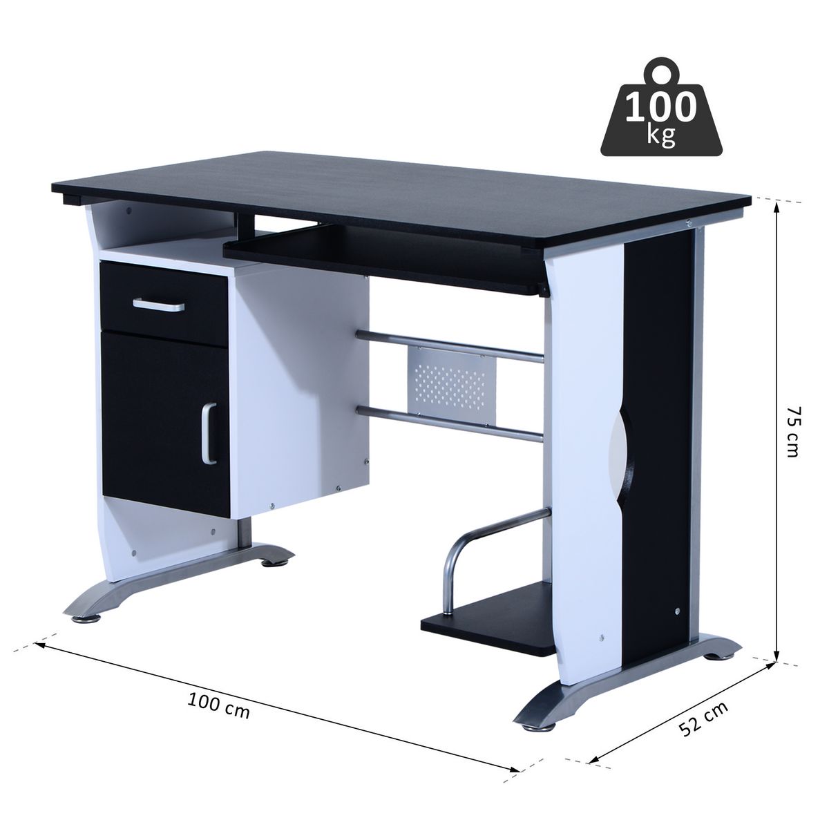 HOMCOM Bureau informatique design en mdf 100 L x 52 I x 75H cm noir et blanc