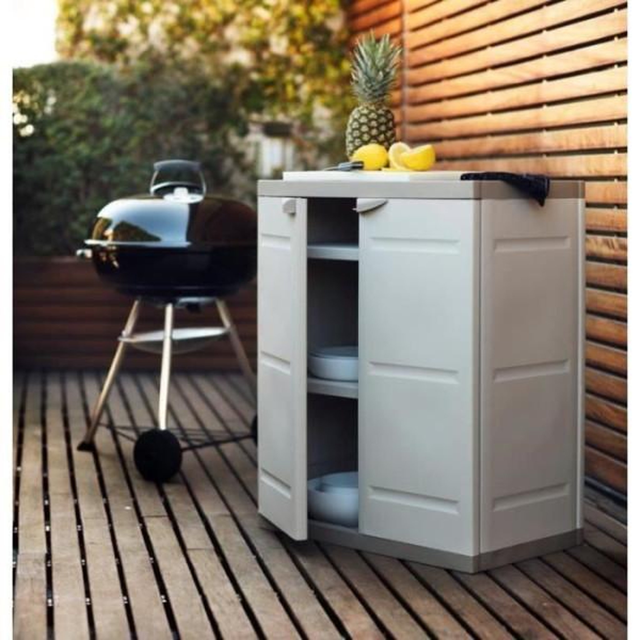 Voir la diapositive 3 : PLASTIKEN TITANIUM PLASTIKEN Armoire basse 2 portes avec étageres l70 x p44 x h88 cm Beige et Taupe Gamme TITANIUM Intérieur/Extérieur