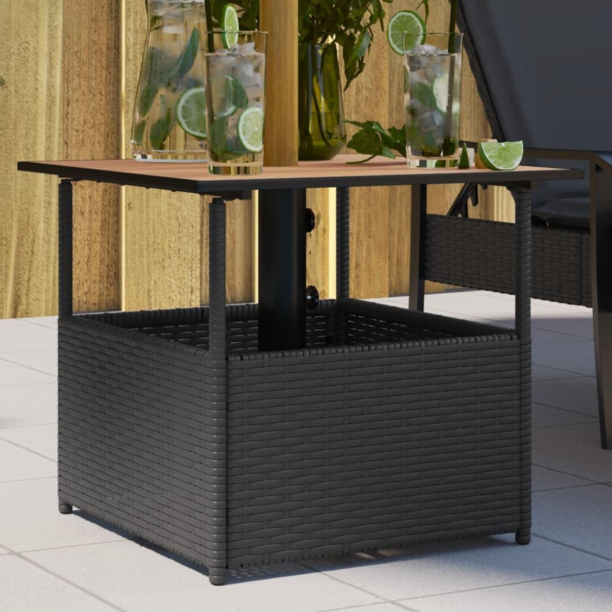 VIDAXL Table de jardin avec trou de parasol noir resine tressee