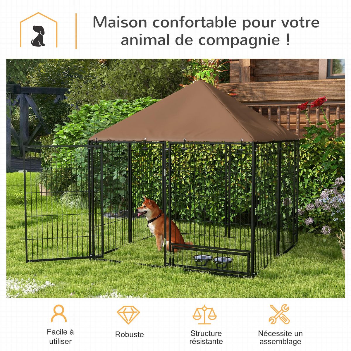 PAWHUT Chenil extérieur pour chiens en métal et tissu oxford avec support gamelle et toit résistant aux intempéries espace spacieux 141L x 141l x 151H cm noir