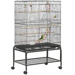 PAWHUT Cage à oiseaux sur roulettes - étagère, plateau déjection, 3 perchoirs, 4 mangeoirs, 2 portes, 8 trappes, accessoires - acier noir