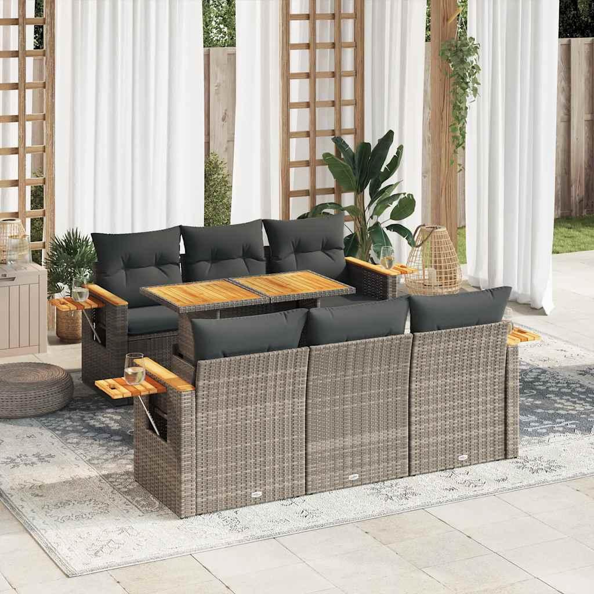 VIDAXL Salon de jardin avec coussins 7 pcs gris resine tressee acacia