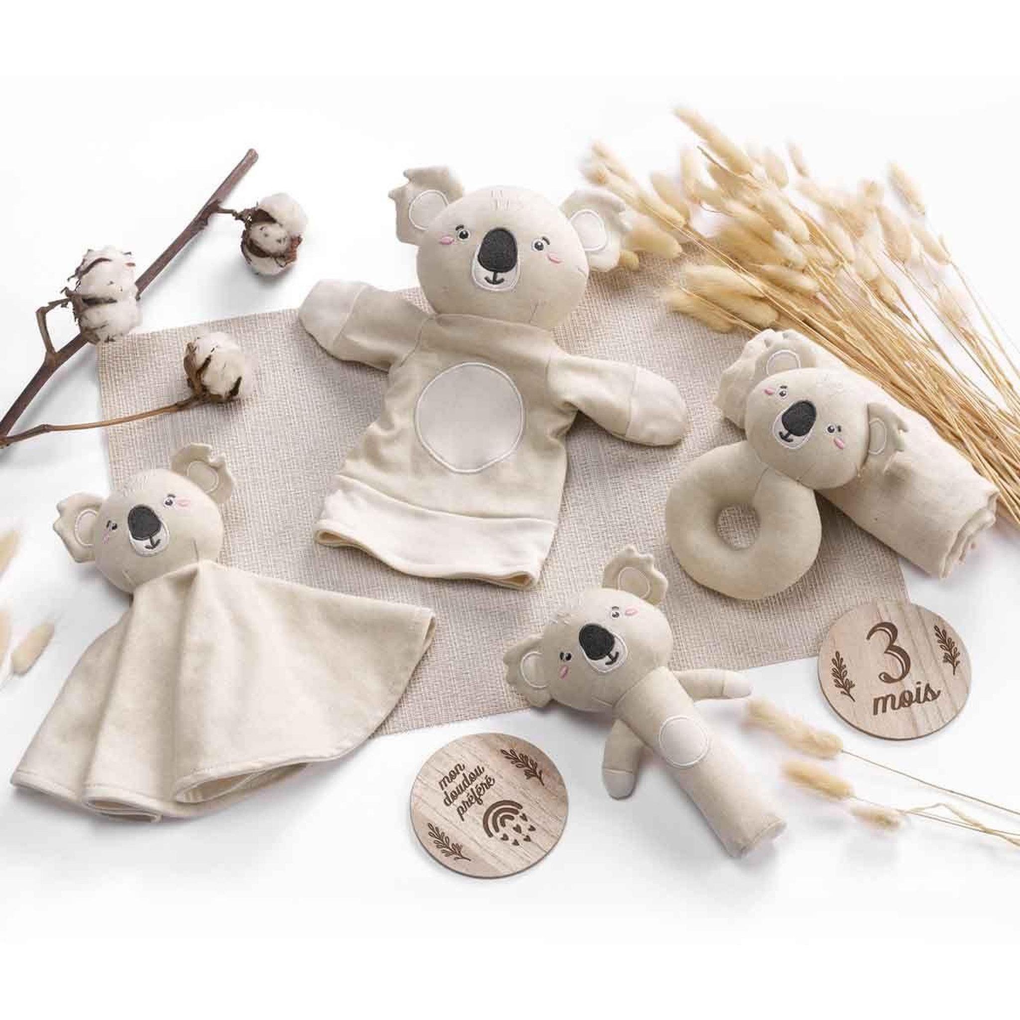 Voir la diapositive 2 : BEBE DOUCEUR Doudou hochet rond bébé  koala  14cm naturel