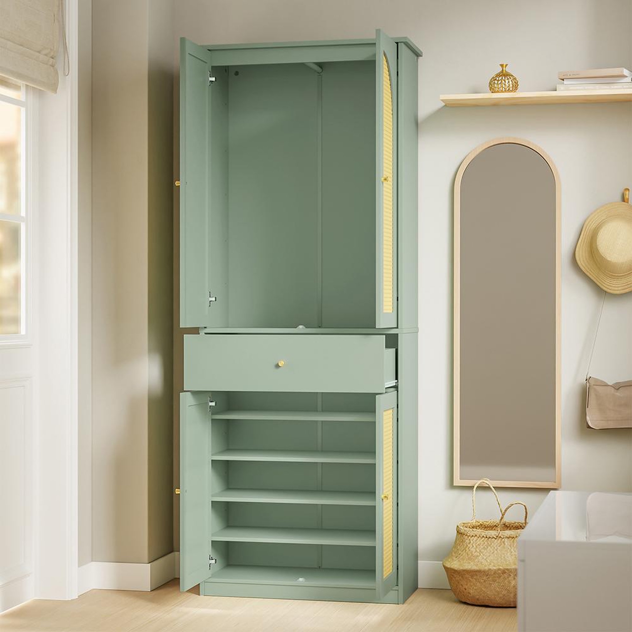 Voir la diapositive 5 : SOBUY Armoire d'entrée avec tiroir Vert 70x34x180cm FSB107-GR