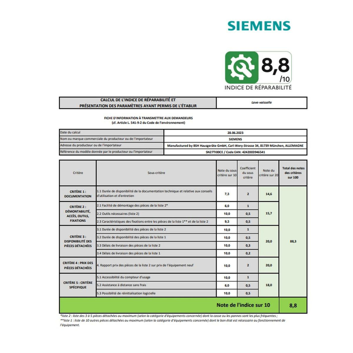 Siemens Lave-vaisselle 60cm 14couverts 44db acier brossé - SN27TI00CE