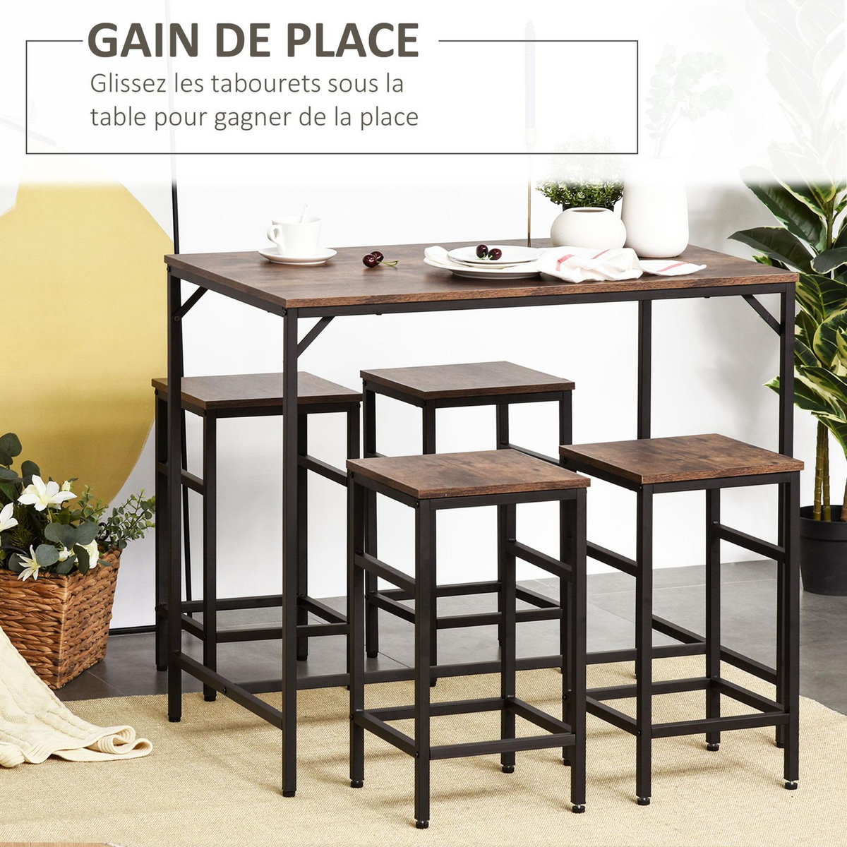 HOMCOM Ensemble table de bar 4 tabourets design industriel métal noir aspect bois