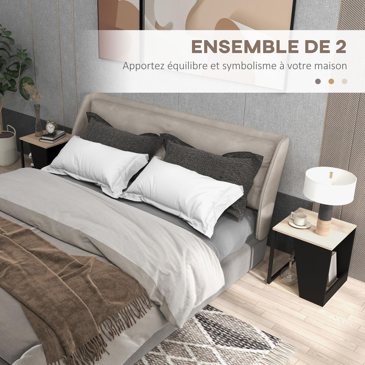 HOMCOM Lot de 2 tables basses bouts de canapé guéridons design acier noir panneaux noir aspect chêne clair