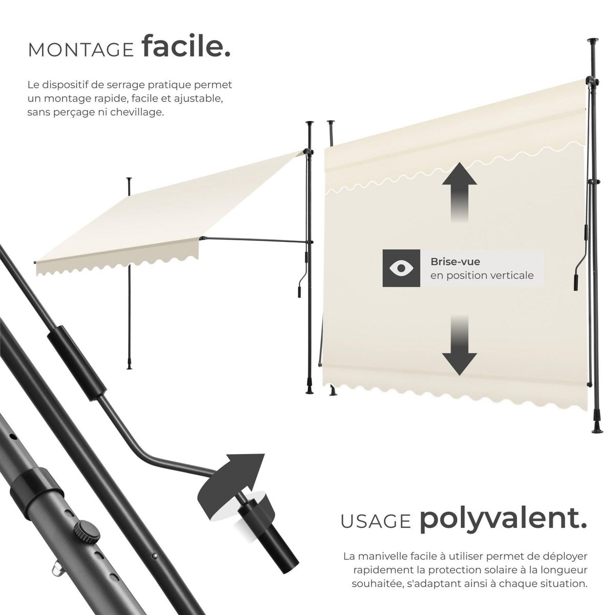 tectake Store à pince sans perçage avec manivelle beige 300 x 180 cm