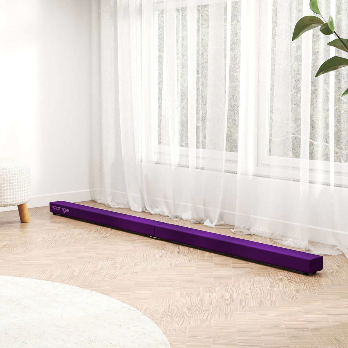HOMCOM Poutre gymnastique pliable 210 cm - poutre d'équilibre antidérapante - bois de pin revêtement flanelle violet