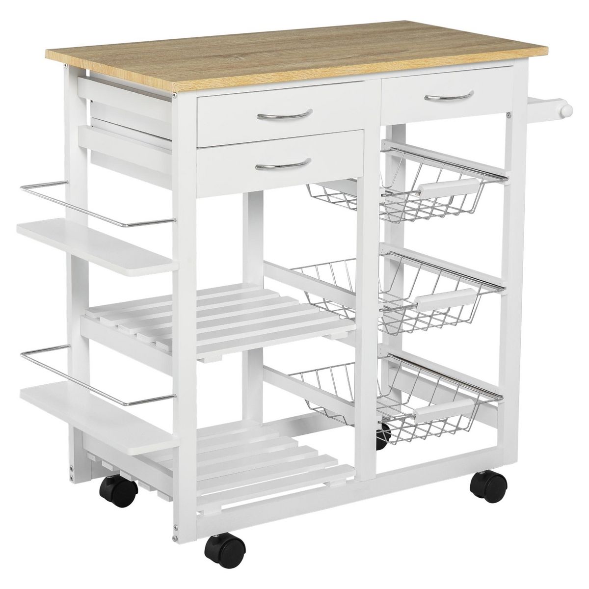 HOMCOM Chariot de service desserte de cuisine à roulettes multi-rangements 92L x 37l x 82H cm MDF imitation chêne clair pin blanc