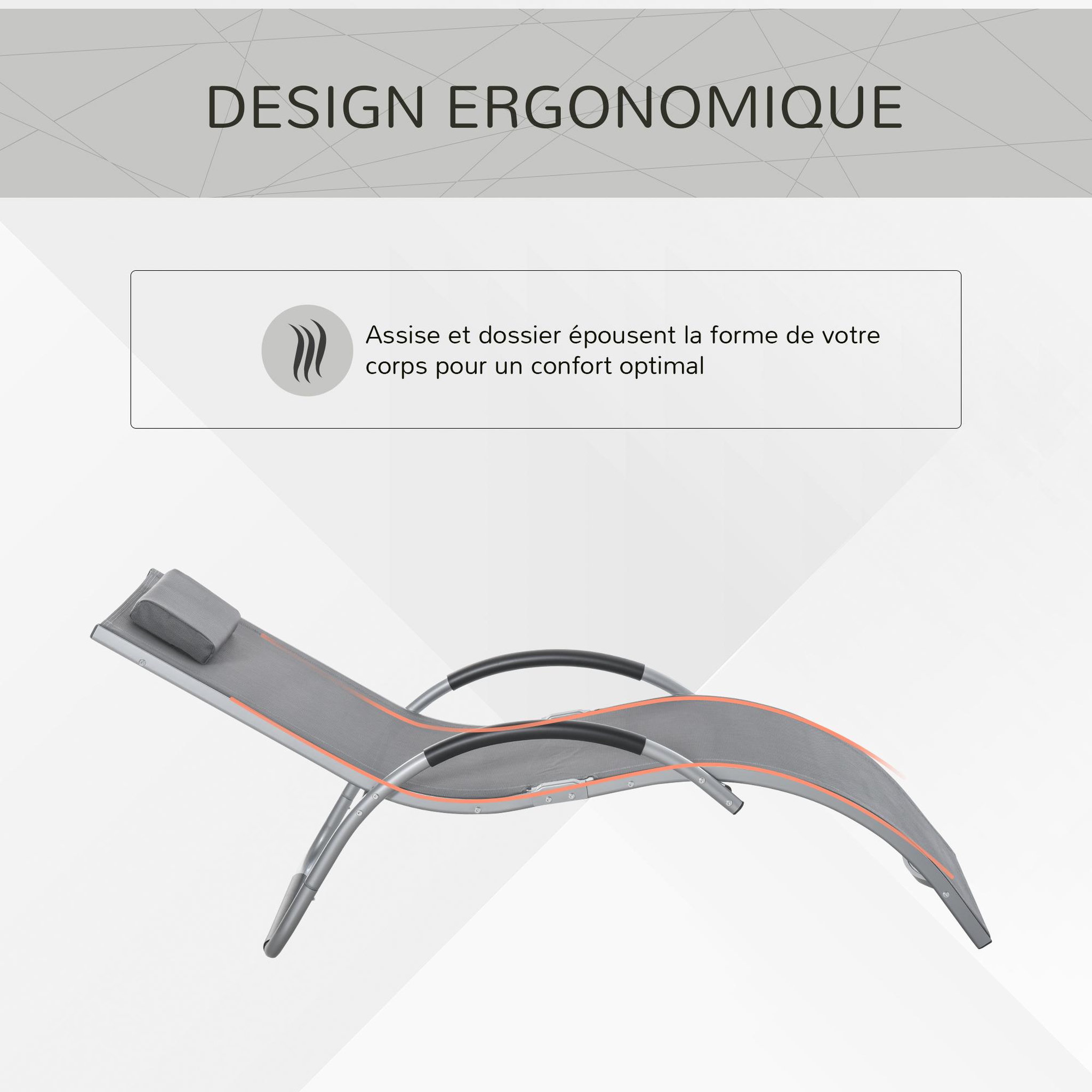 Voir la diapositive 4 : OUTSUNNY Bain de soleil transat design contemporain avec appui-tête grand confort léger aluminium textilène 160 x 60 x 65 cm gris