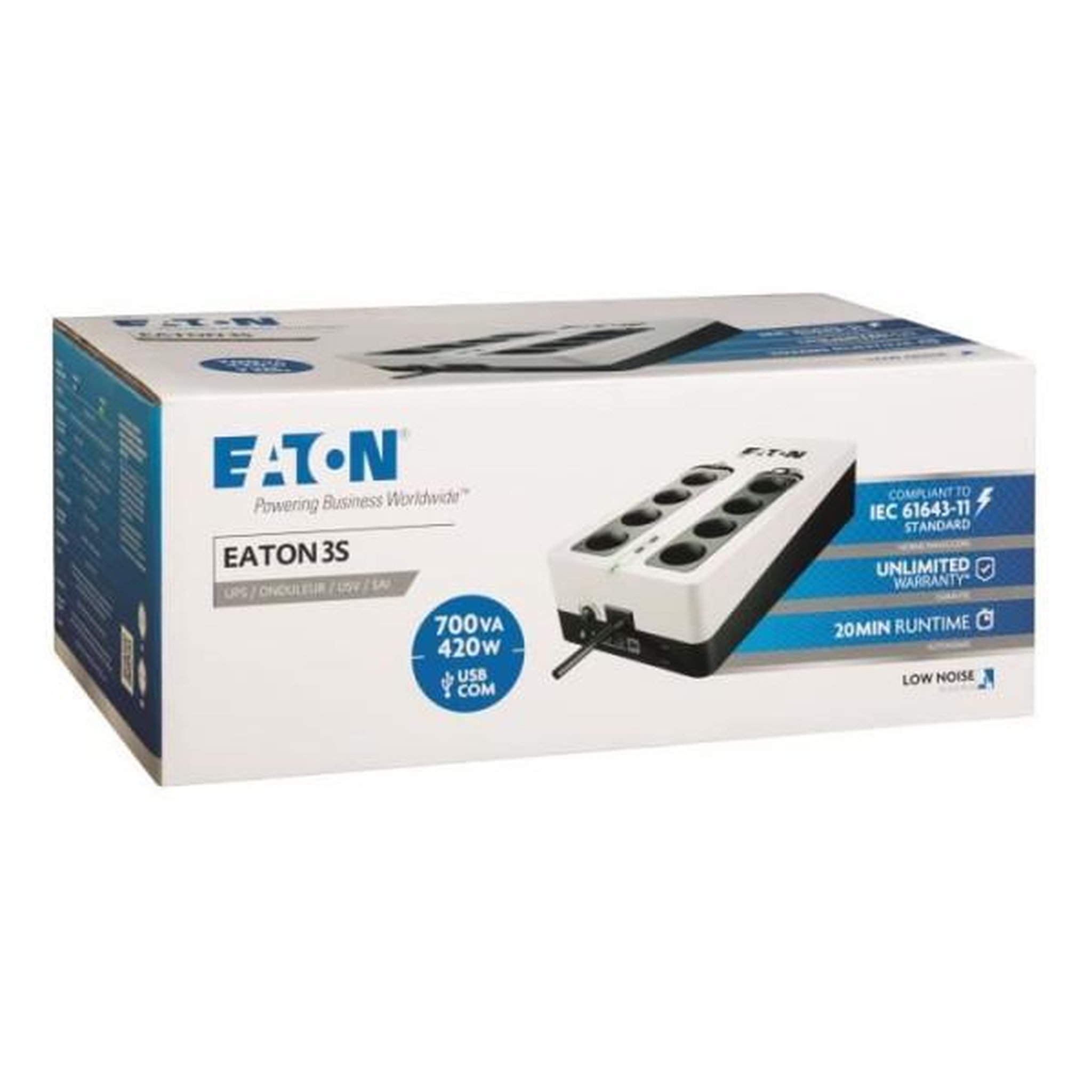 Voir la diapositive 3 : Eaton Onduleur/Multiprise/Parafoudre - EATON 3S 700 FR - Off-line UPS - 3S700F - 700VA (8 prises françaises + 1 prise protection tel