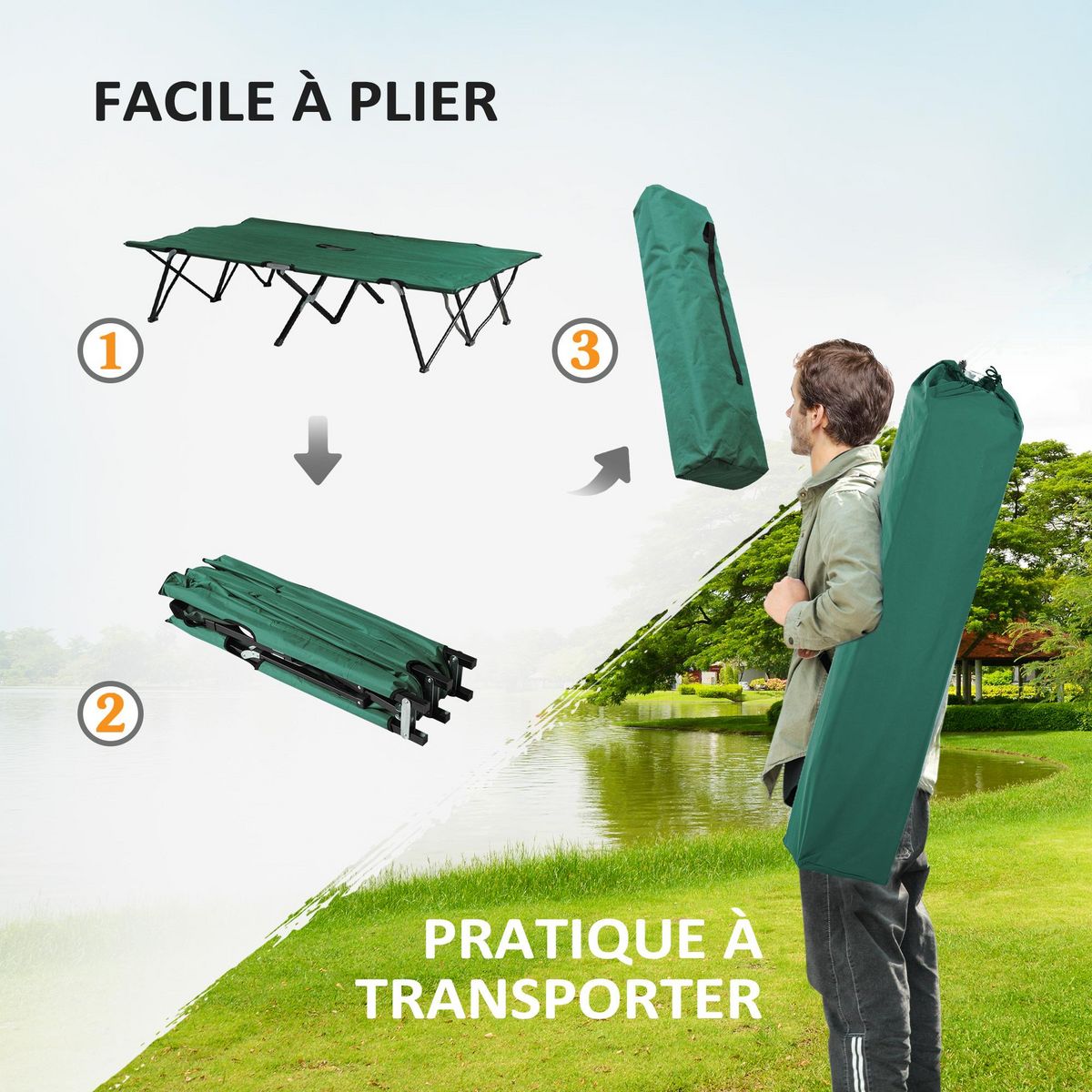 OUTSUNNY Lit de camp pliable double 193 x 125 x 40 cm avec sac de transport métal noir polyester Oxford vert