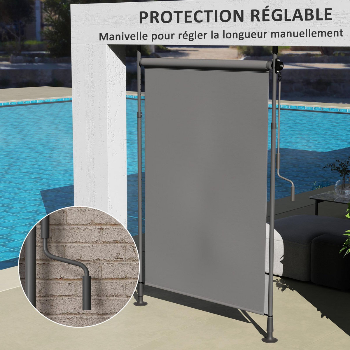 OUTSUNNY Store extérieur sur pied store manuel rétractable enroulable réglable H.2,2-3,1m sans perçage métal polyester gris