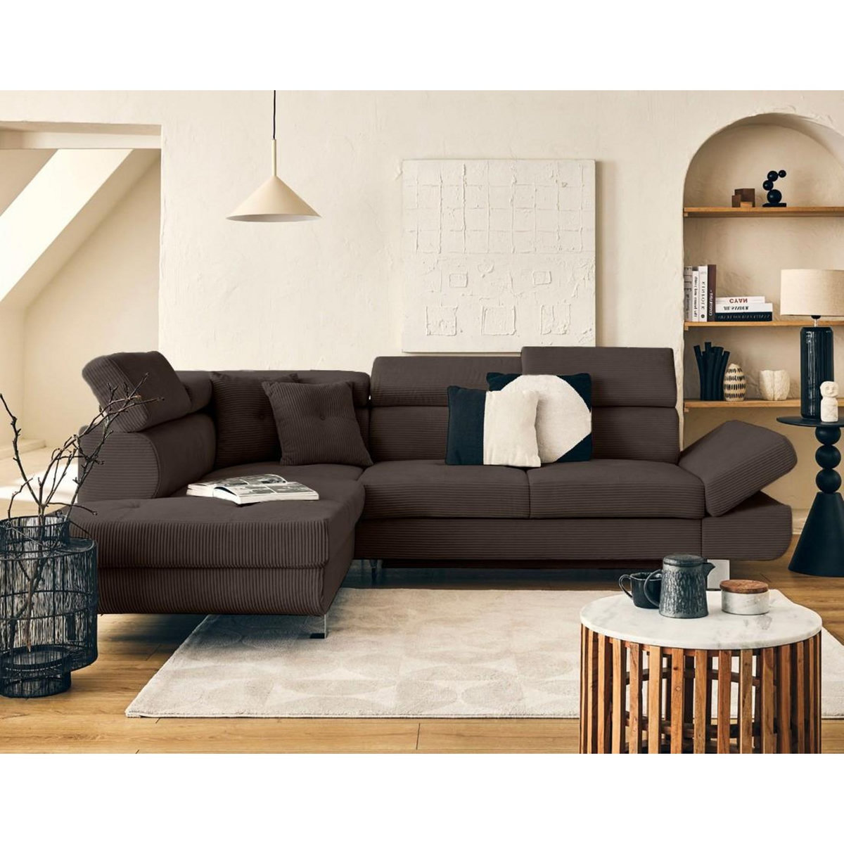 BEST MOBILIER Lisbona - canapé d'angle gauche 5 places convertible avec têtières en velours côtelé