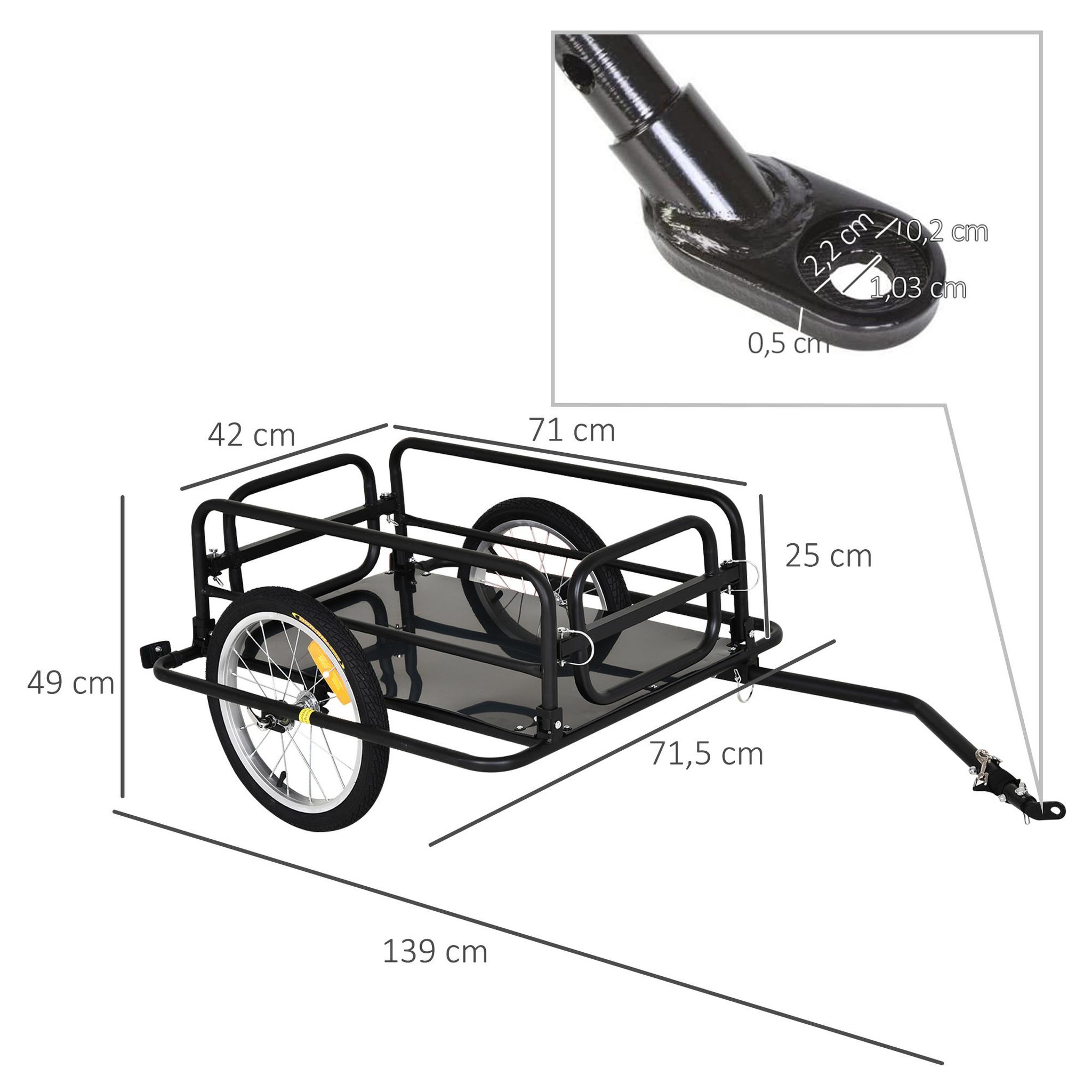 Voir la diapositive 3 : HOMCOM Remorque vélo remorque de transport pour vélo pliable 70l 139l x 71,5l x 49h cm barre d'attelage universelle acier noir