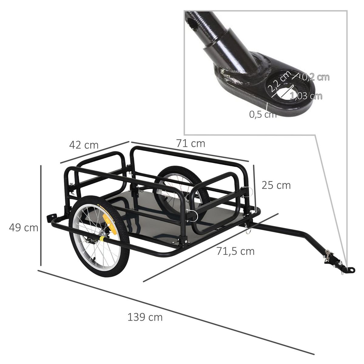 HOMCOM Remorque vélo remorque de transport pour vélo pliable 70L 139L x 71,5l x 49H cm barre d'attelage universelle acier noir