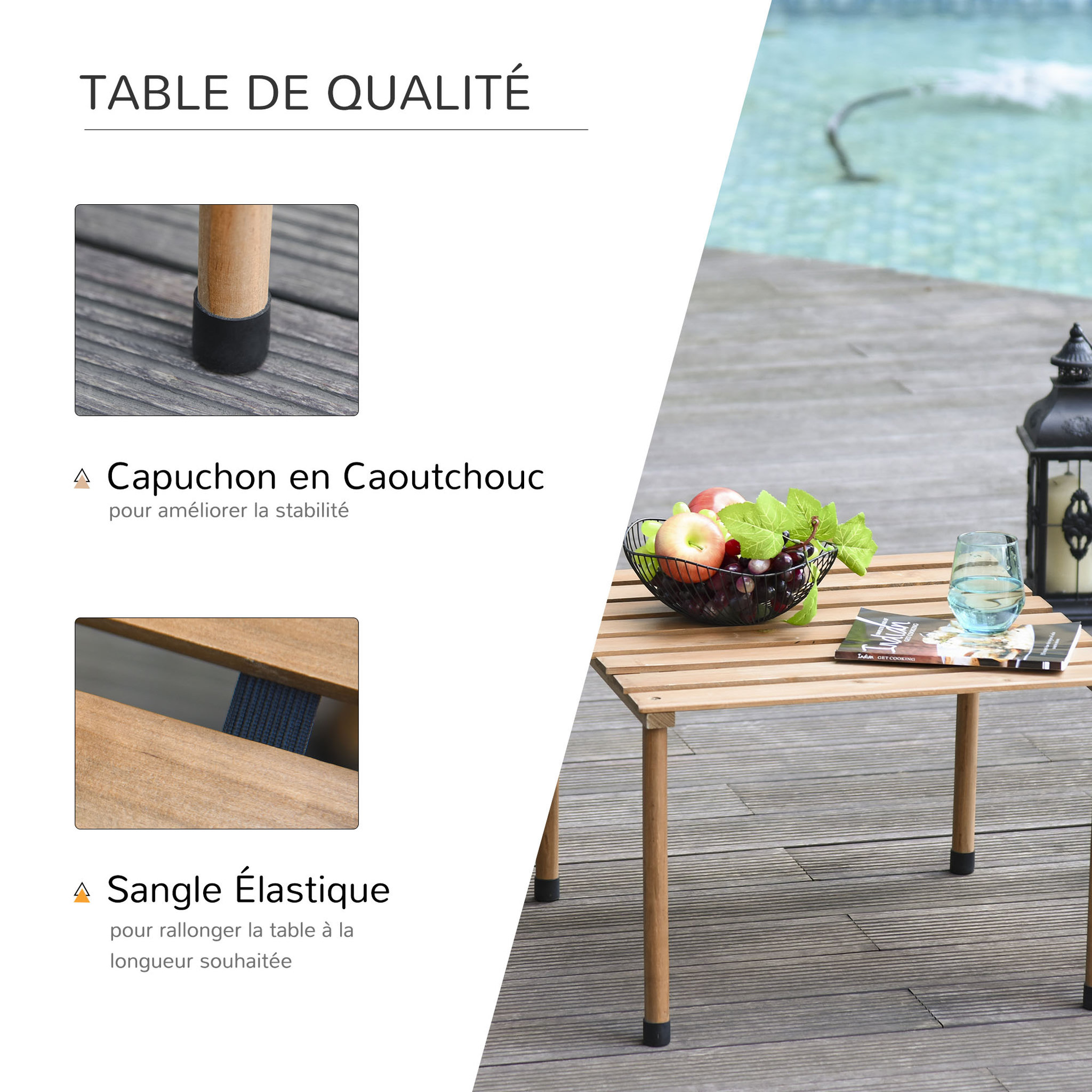 Voir la diapositive 5 : OUTSUNNY Table basse pliable de jardin camping plateau à lattes dim. 58L x 58l x 40H cm sac transport inclus bois sapin pré-huilé