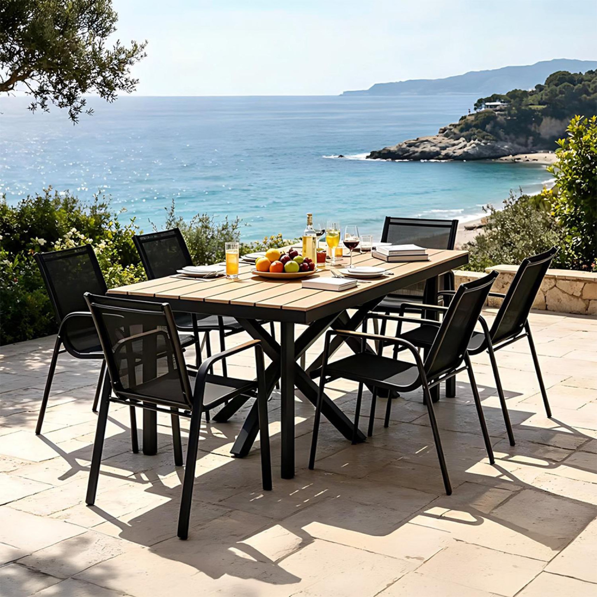 Voir la diapositive 5 : CONCEPT USINE Ensemble de jardin table 190cm effet bois + 6 fauteuils ALMADA