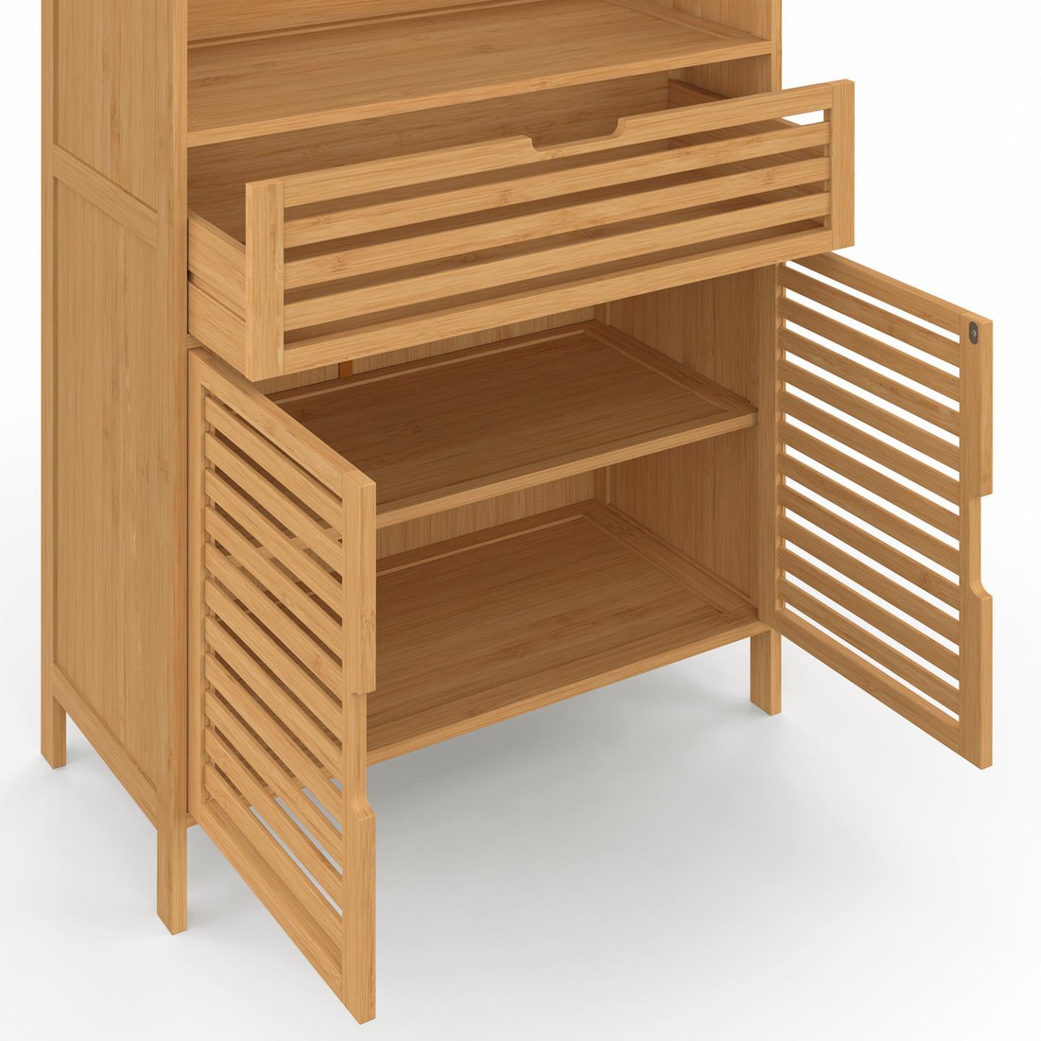 Voir la diapositive 6 : ID MARKET Meuble armoire salle de bain bambou BEA 2 portes et 1 tiroir avec étagères