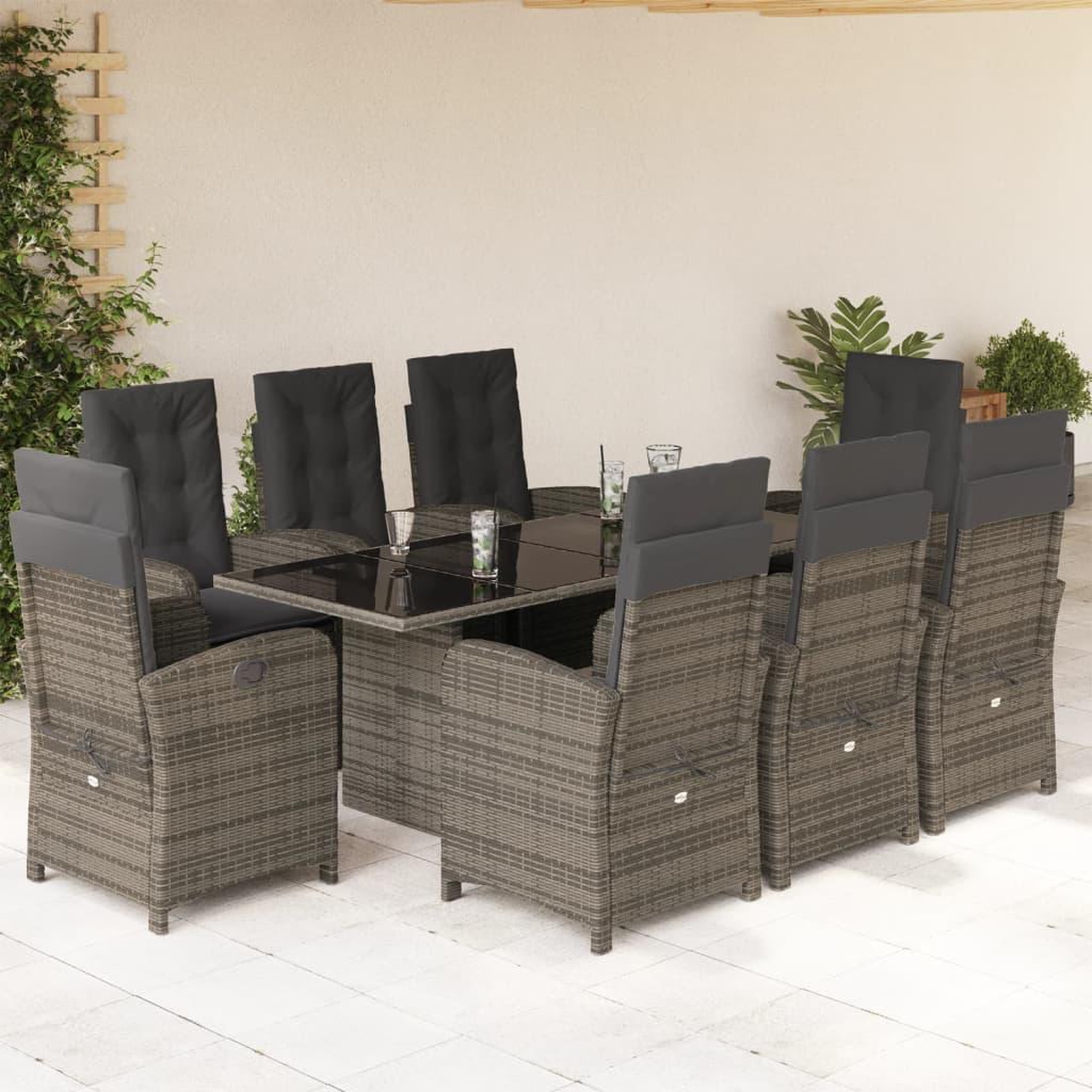 VIDAXL Ensemble a manger de jardin 9 pcs coussins gris resine tressee